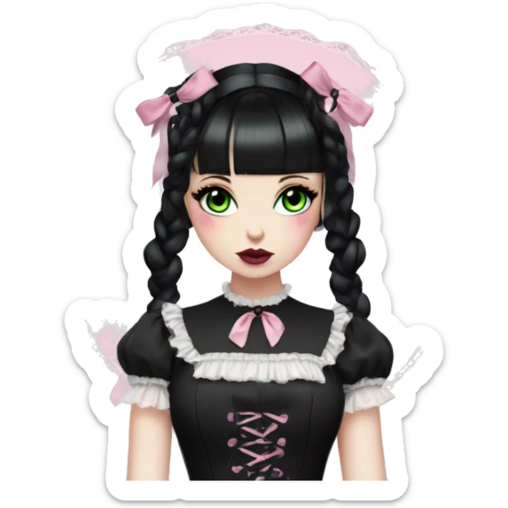pale woman with black hair, pink lips and eyeshadow, long eyelashes, green eyes, black Lolita dress with laces and ribbons, gothic Lolita doll look sticker