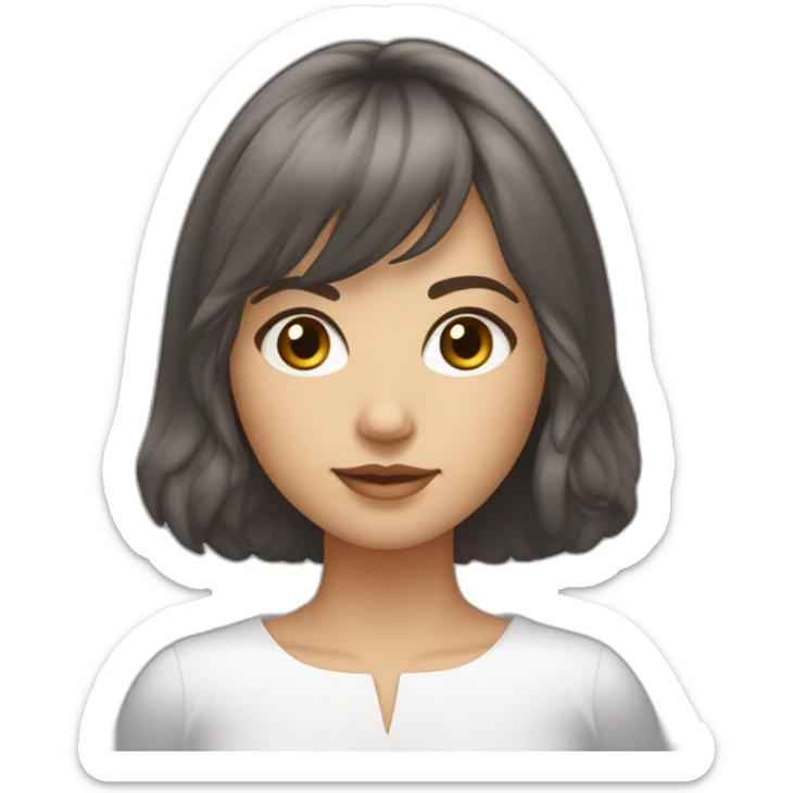 Femme brune frange cheveux coupe carré, yeux bleus et peau blanche avec boucle d’oreille argenté sticker