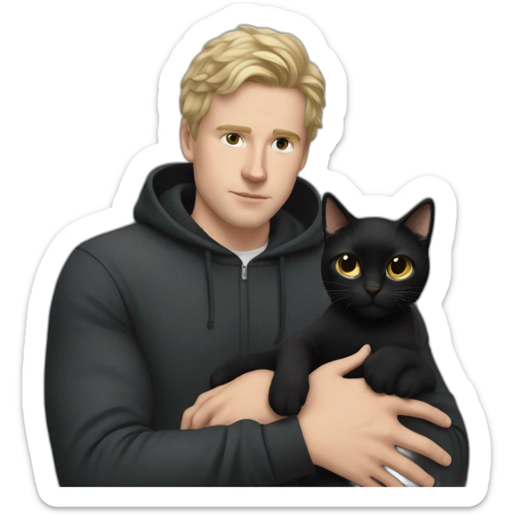 white man blakc hair, beany in tracksuit holdin black cat like a baby in arms sticker