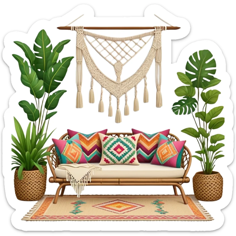 cozy bohemian living room with macrame wall hanging, plants, rattan furniture, and colorful cushions sticker