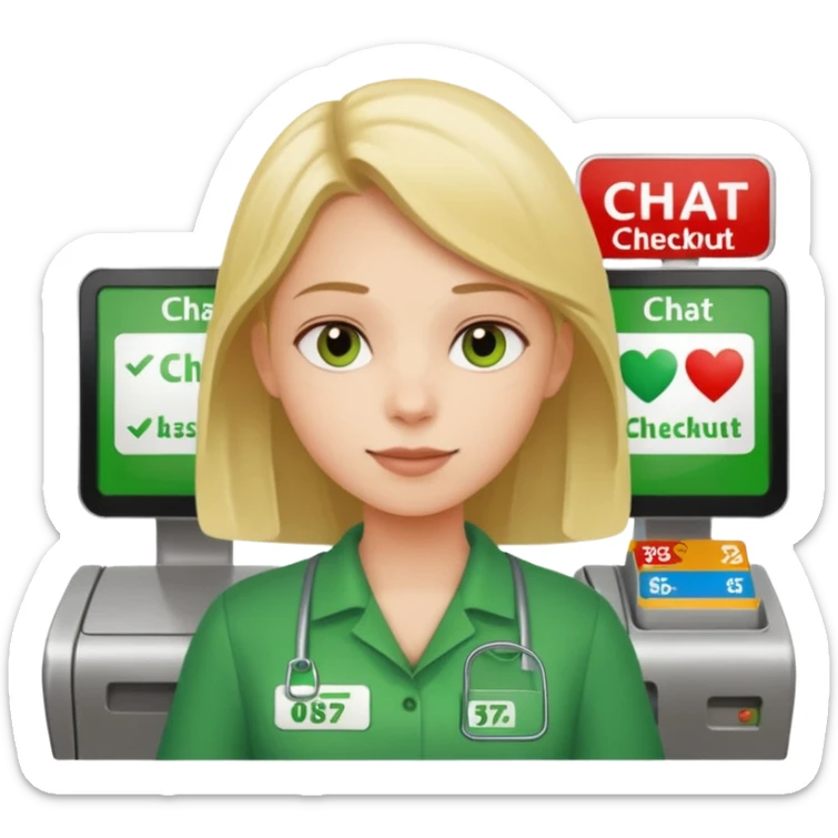 Eine Person die an der Supermarktkasse steht. Die Kasse ist gekennzeichnet als "Plauderkasse" und im grünen Design. sticker