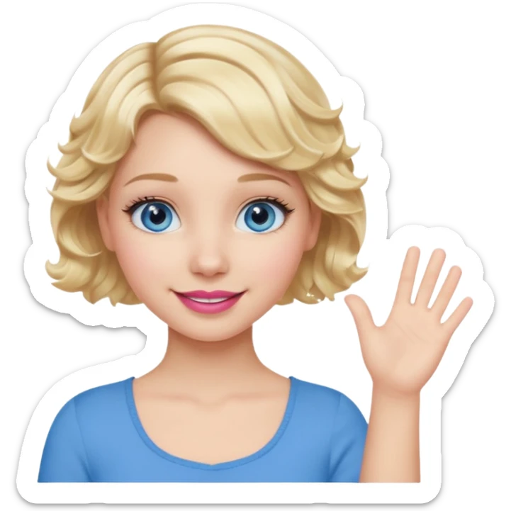 Girl Blonde short wavy hair,  blue eyes, cute blue top, long lashes, pink lips, waving hello  sticker