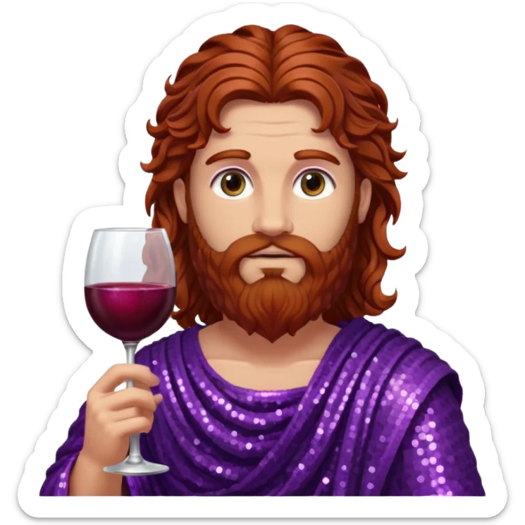 Liber, God of Wine from Roman Deities with long reddish brown wavy hair and beard, purple sequin toga  sticker
