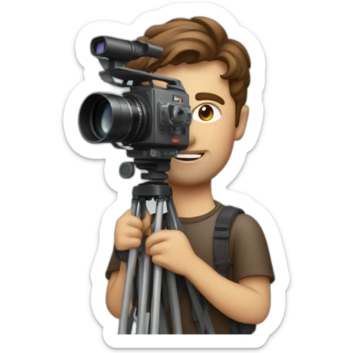 European film director with brown piled short hair holding a cinema camera sticker