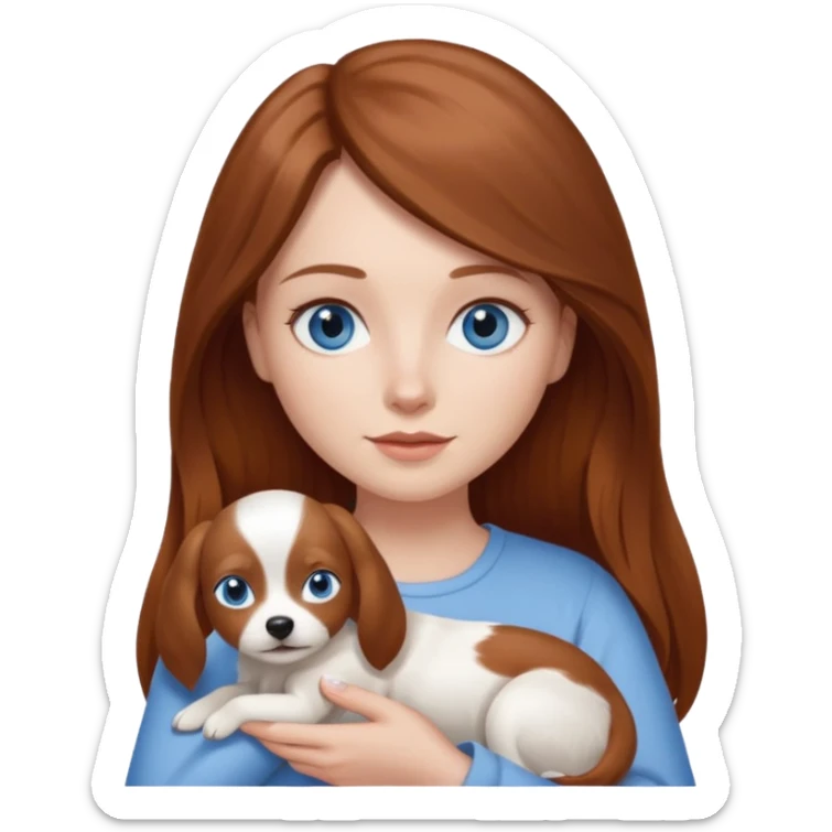 long hair chestnut color blue eyes woman holding small plain white dog sticker