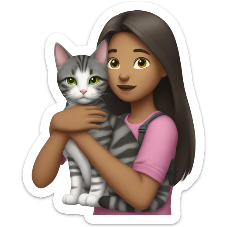 A girl with dark brown hair hugs a gray tabby cat with a pink nose and green eyes. The girl's face is not visible sticker