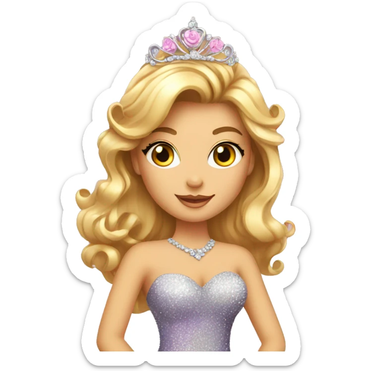 Gorgeous Lady in a sparkly shiny dress with tiara and necklace and flowers sticker
