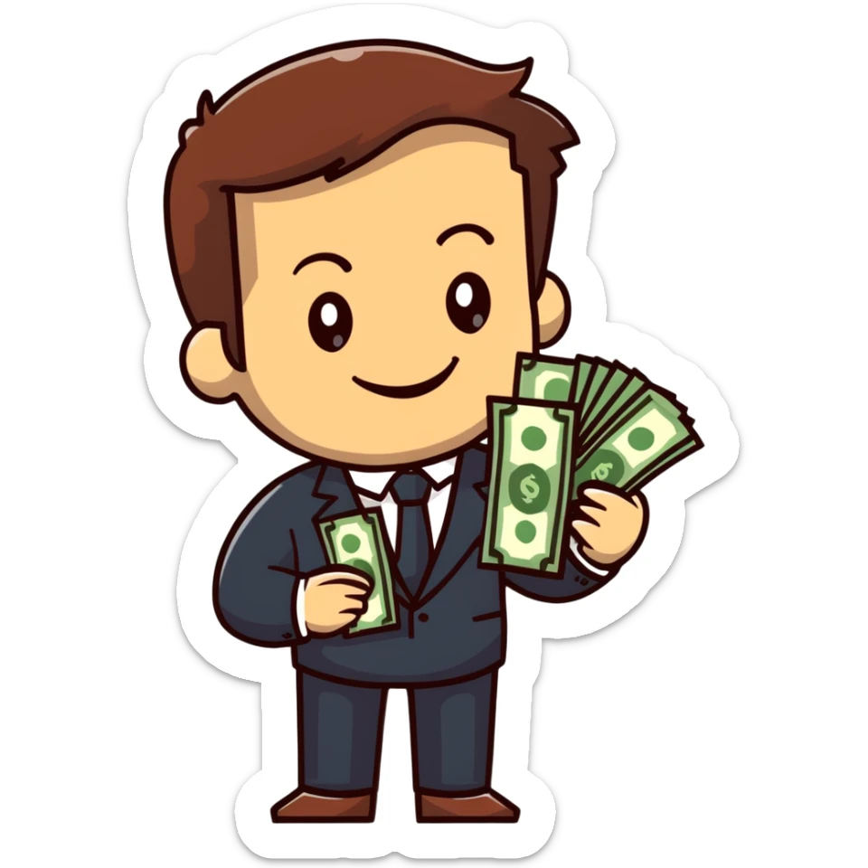 white male in a suit with money in his hand, smiling expression, happy face, brown hair sticker