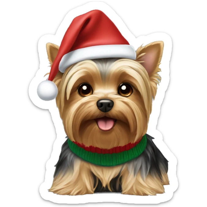 Yorkie Dog wearing a christmas hat and christmas sweater sticker