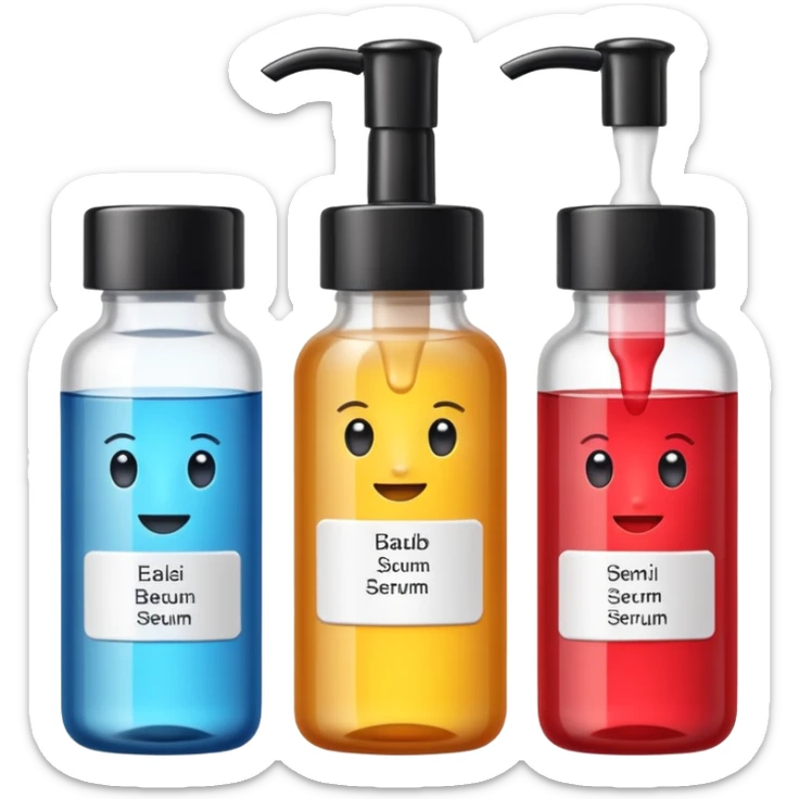emoji of three beauty products (tube, serum, jar), wit labels, minimalistic but luxury design (realistic) sticker