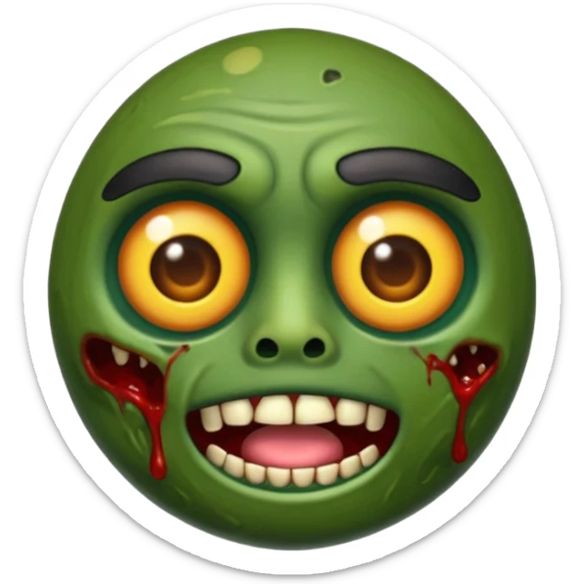 emoji de zumbi realista estilo 3D, pele verde podre, cicatrizes, olhos brilhando, expressão assustadora, fundo transparente sticker