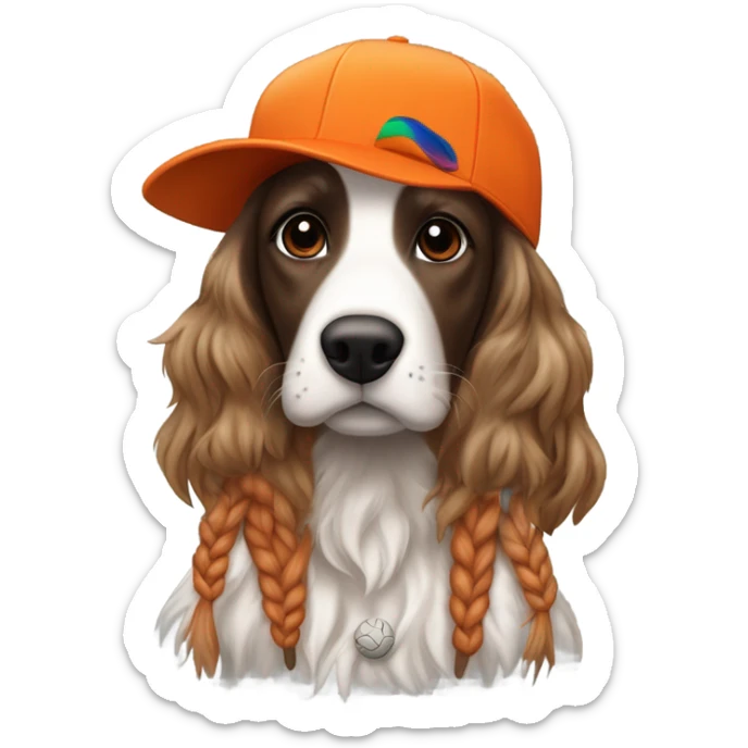 Brunette white girl with braided pigtails in a bright orange baseball hat with a phesant on it with a tricolor English setter with a half black face sticker