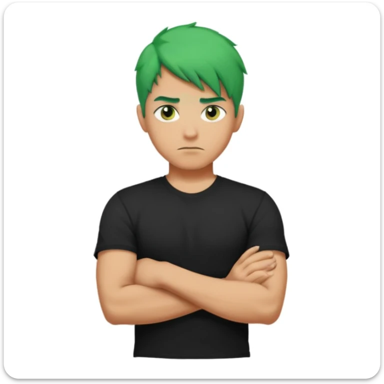 a man with his arms crossed over his chest, green hair, and serious eyes sticker