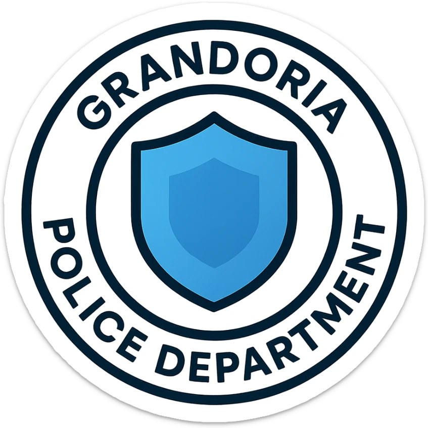 sleek modern round police department logo with GRANDORİA POLİCE DEPARTMENT, abstract shield shape, gradient blue tones, simple bold sans-serif lettering, futuristic and official style sticker