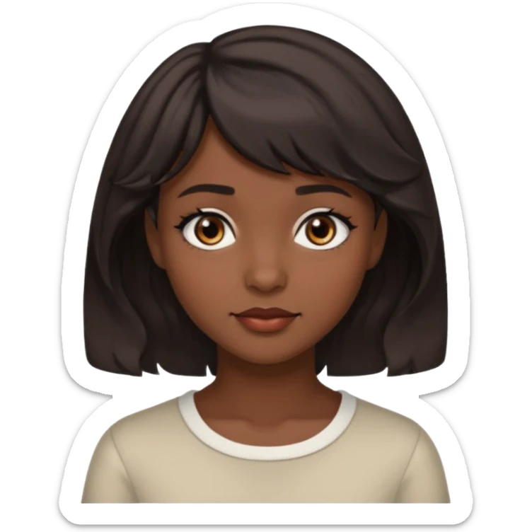 A pretty girl with dark brown eyes and short wavy dark hair with short side bangs and a neutral expression emoji sticker