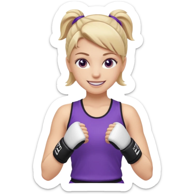 a white girl in  purple gear kickboxing smiling with a full shirt on sticker