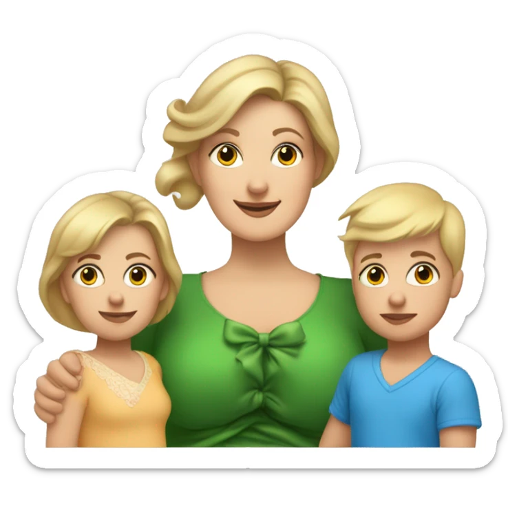 Brunette Caucasian plus sized mom, holding young blond 8 year old boy and 18 month old blonde baby girl baby has a bow in her hair sticker