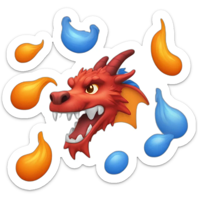 Un dragon mi loup de couleur rouge, bleu, blanc et orange moutardes, avec des corne orange moutard. Il qui crache du feux sticker