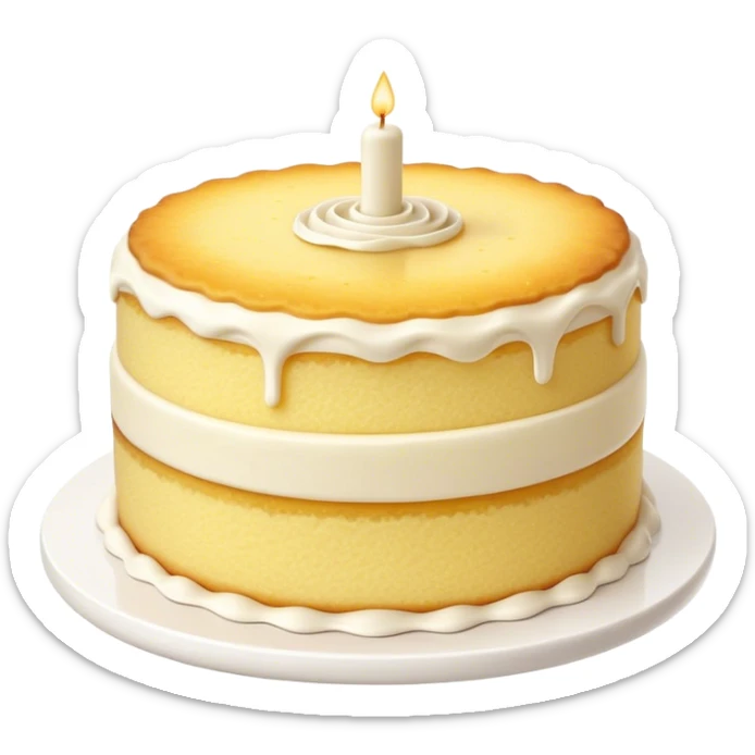 Cinematic Realistic Simple Vanilla Cake, a perfectly baked golden sponge with soft, airy layers, delicate vanilla frosting smoothly spread across the top, tiny flecks of vanilla bean visible, warm golden lighting creating depth, glowing with a sweet, irresistible charm. sticker