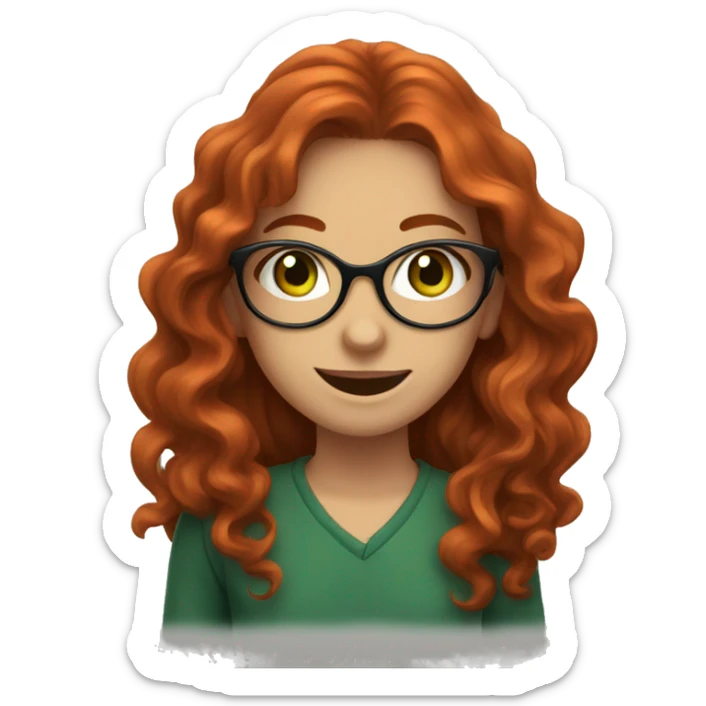Girl with long wavy red hair, round glasses, green eyes, freckles, and a tooth gap sticker