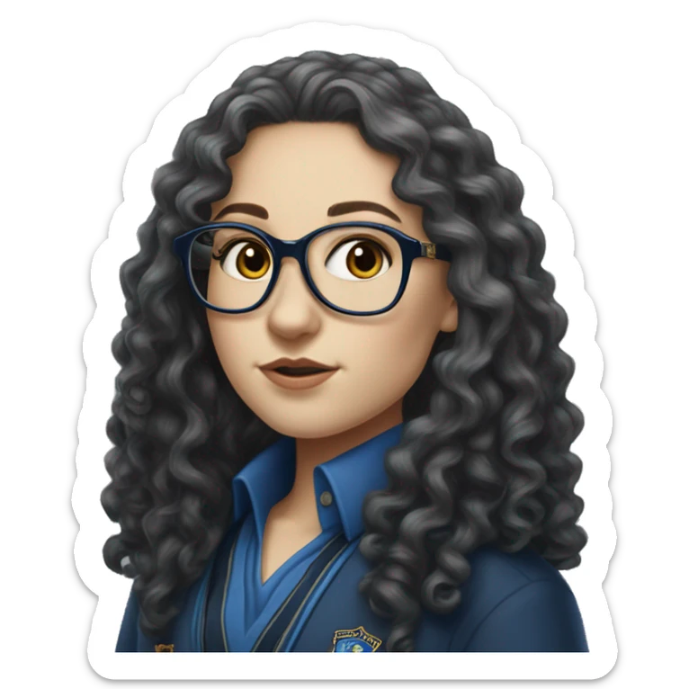 Hyper realistic White girl with long black curly hair and glasses wearing a ravenclaw school inform sticker