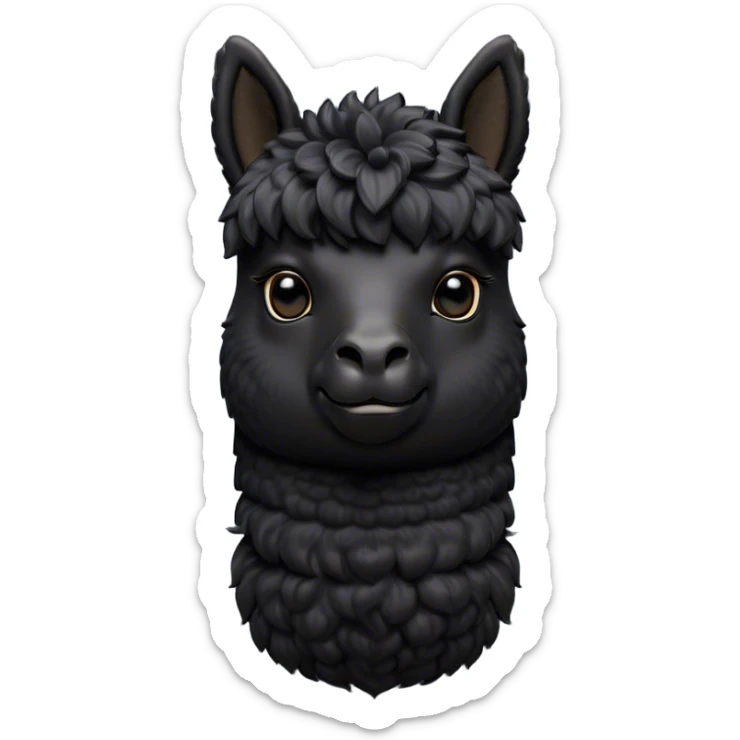 Cinematic Noble Black Alpaca Portrait Emoji, Poised and regal, with a striking, sturdy build and a sleek, well-groomed jet-black fleece, deep-set soulful dark eyes, Simplified yet sharp and sophisticated features, highly detailed, glowing with a soft, dignified glow, high shine, intelligent and mysterious, stylized with an air of elegant austerity, focused and attentive, soft glowing outline, capturing the essence of a watchful and confident companion, so majestic it feels as though it could stride out of the screen with effortless authority! sticker