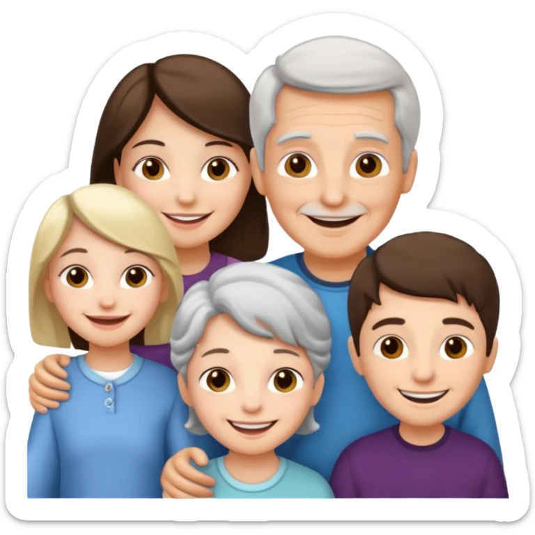 a group of 5 people all of diiferent ages let one  girl child, one teenage boy , two adult one man one women  and one old grandma sticker