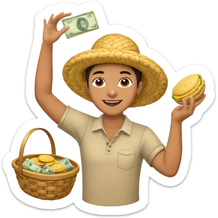 basket overflowing with money, and a very happy person ridiculously throwing money around with one hand and eating a colombian arepa with the other sticker
