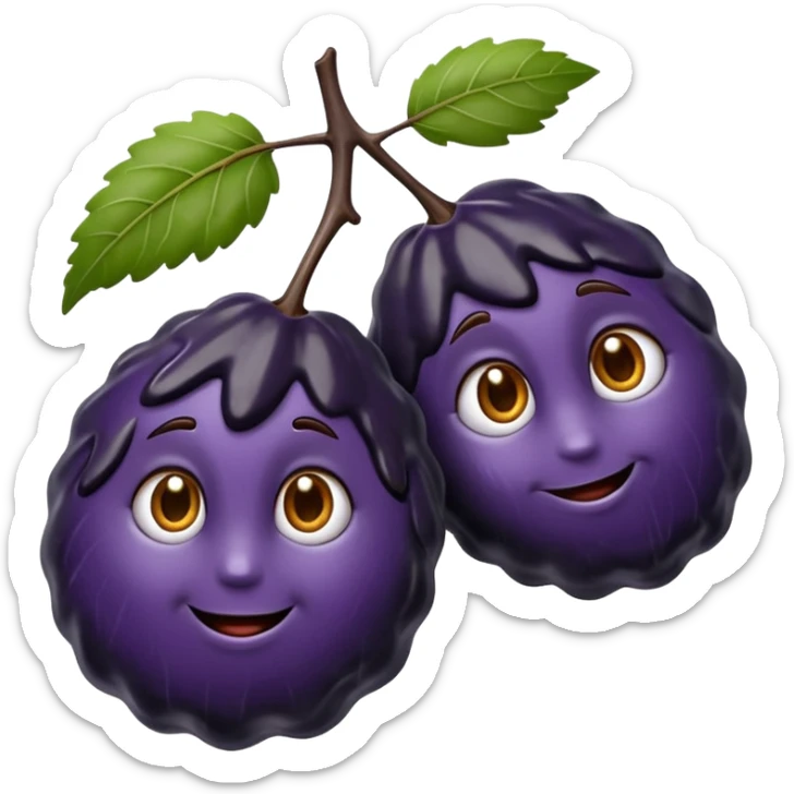 two glossy dried prunes with dark purple-black skin, deeply wrinkled and slightly sticky texture, oval irregular shape with soft folds, rich chewy appearance, no pit or branch, soft lighting, subtle shadows, emoji scale sticker