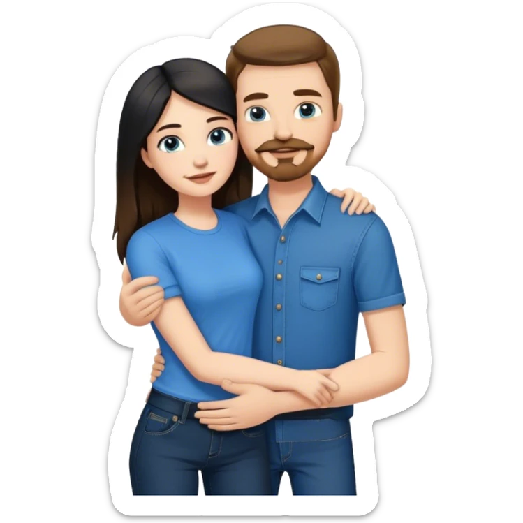tall white guy with brown hair goatee mustache wearing blue shirt and black jeans hugging a shorter white girl with long black hair with blue jeans and white shirt sticker