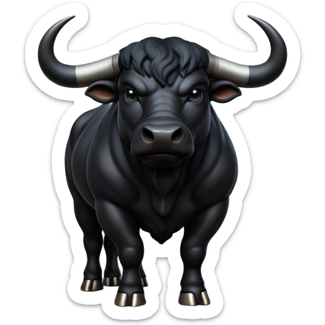 Cinematic Noble Black Bull Portrait Emoji, Poised and regal, with a massive, muscular build and a sleek, well-groomed pure black hide, deep-set soulful dark eyes, Simplified yet sharp and sophisticated features, highly detailed, glowing with a soft, dignified glow, high shine, intelligent and formidable, stylized with an air of strength, focused and attentive, soft glowing outline, capturing the essence of a watchful and confident guardian, so majestic it feels as though it could charge out of the screen with effortless authority! sticker
