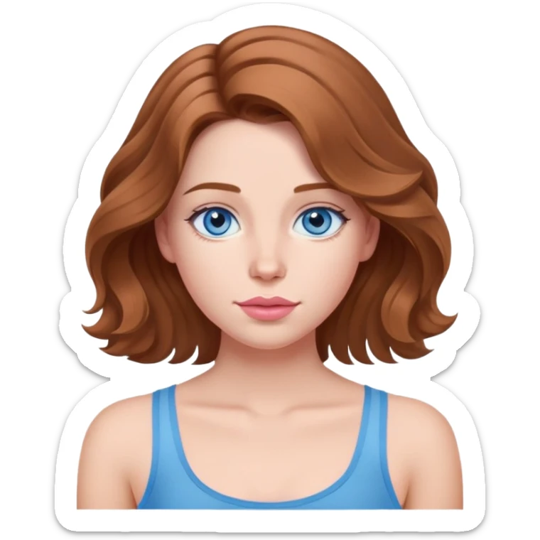 Girl with chestnut wavy hair slightly below the shoulders, in a blue tank top with thin straps, with plump soft pink lips and gray-blue eyes. sticker