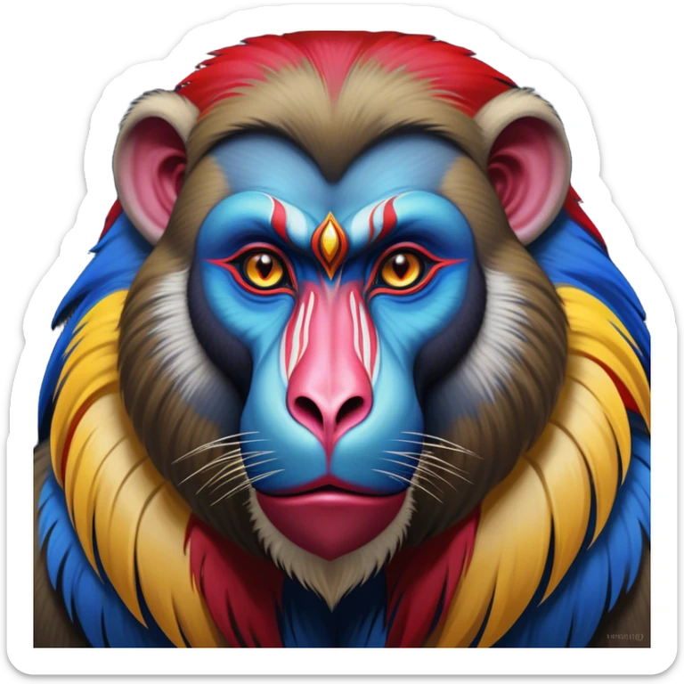 Cinematic Noble Mandrill Portrait Emoji, Poised and regal, with a striking, powerful build and a vivid, multicolored face accented by bold blue, red, and yellow hues, deep-set soulful eyes, Simplified yet sharp and sophisticated features, highly detailed, glowing with a vibrant, dignified glow, high shine, intelligent and commanding, stylized with an air of exotic majesty, focused and attentive, soft glowing outline, capturing the essence of a watchful and confident primate, so majestic it feels as though it could step out of the screen with effortless authority! sticker