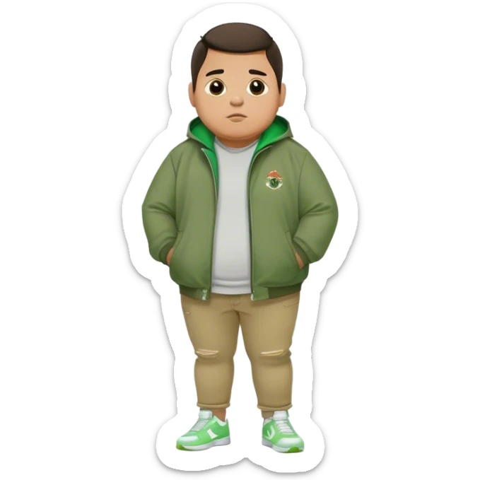 Fat mexican boy with green jacket, skinny khaki jeans, and white nikes sticker