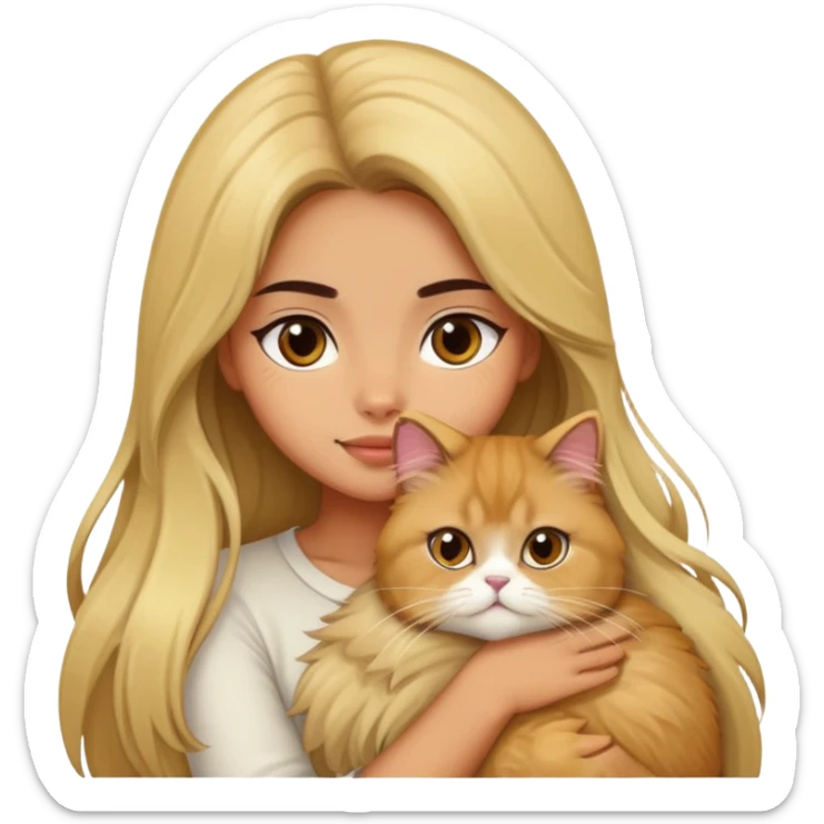 olive skin girl with long brown hair, hugging an fluffy blonde persian cat sticker