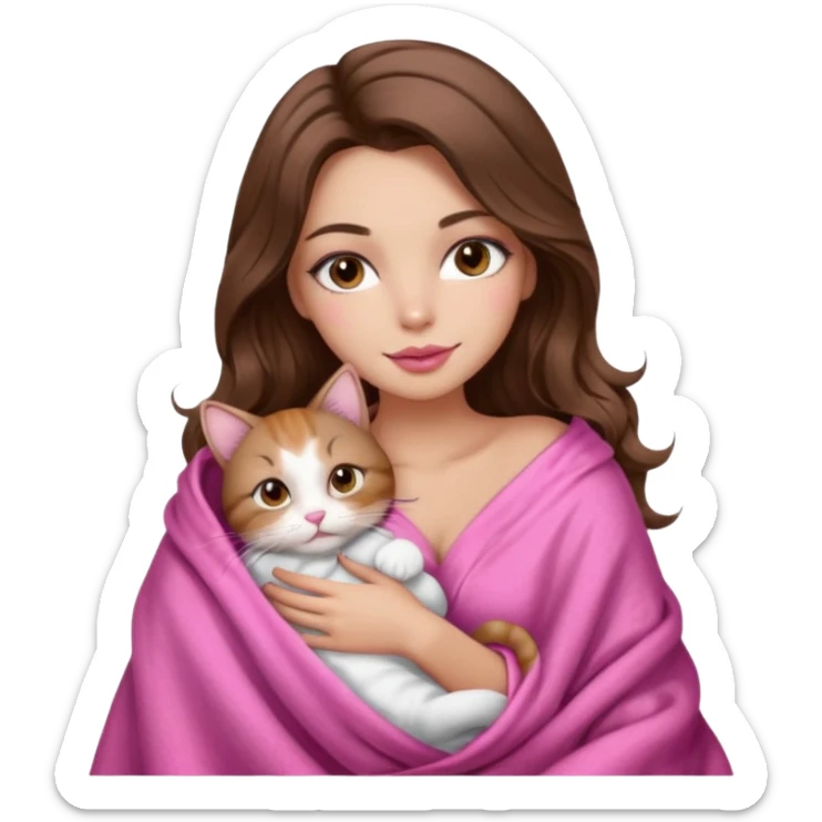 girl with long wavy brown hair, brown eyes, long lashes makeup, sexy pink lips, light to medium complexion, wearing a pink sexy silk top, big blanket over the head cozy holding a cat sticker