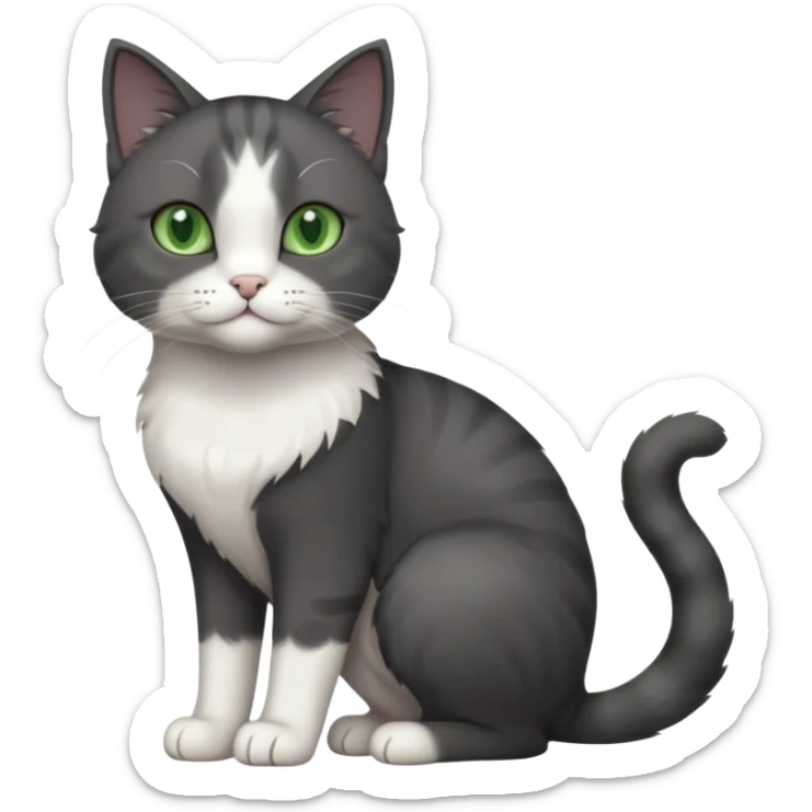 full body view of beautiful female solid dark grey cat with green eyes, white toes/paws and white patch on her chest sticker