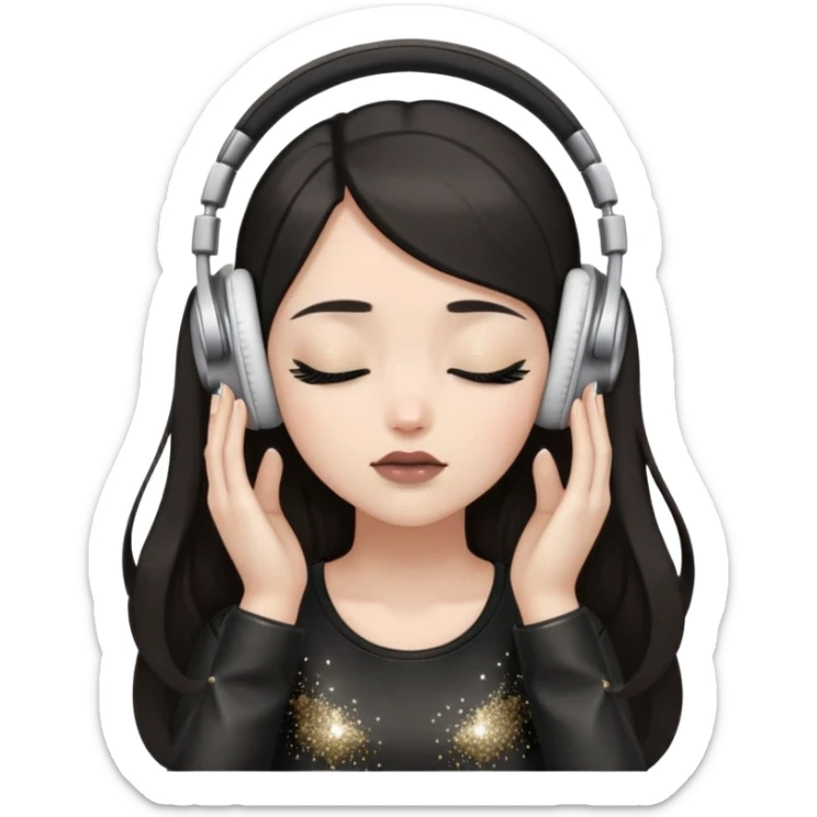 Girl with long dark hair, fair skin tone, wearing a black leather top, has glitter on her eyelids, and taupe lipstick, wearing white headphones, her hands are on her ears, and her eyes are close sticker