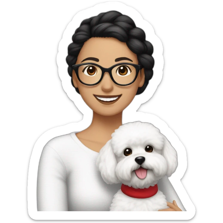 woman-black-hair-bun-with glasses-with bichon dog-white-smile-Christmas sticker