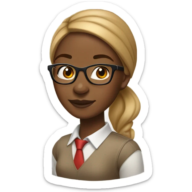 Mocha colored skinned African-American woman with a ponytail with hair color, honey blonde with red rim schoolboy glasses on sticker