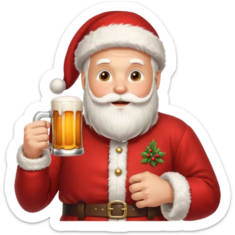 cheerful Santa Claus holding a beer stein, Scandinavian Christmas style, red and white decorations sticker
