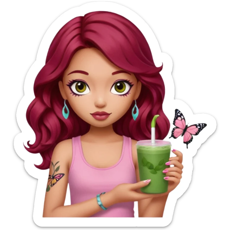 a pretty fair bratz girl with wavy dark red hair, wearing a pink tank top , carrying a matcha . eyeliner on. butterfly tattoo on arm sticker