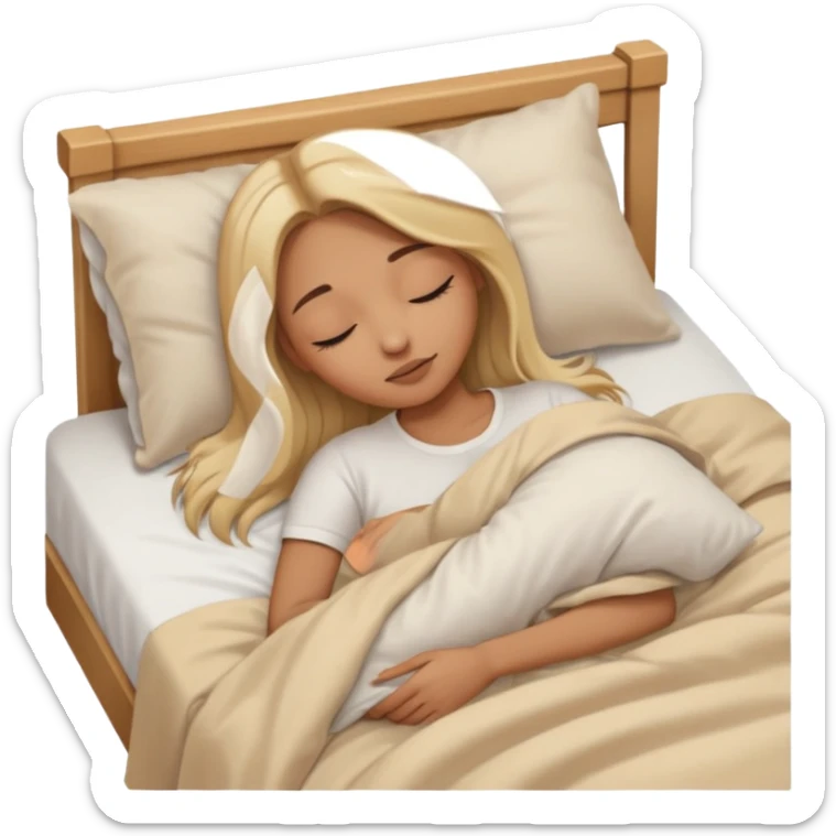 Mujer color de piel moreno claro, con cabello rubio largo, lacio y suelto, ojos negros, durmiendo con sábanas blancas, edredones beige, tomado desde un lado de la cama sticker