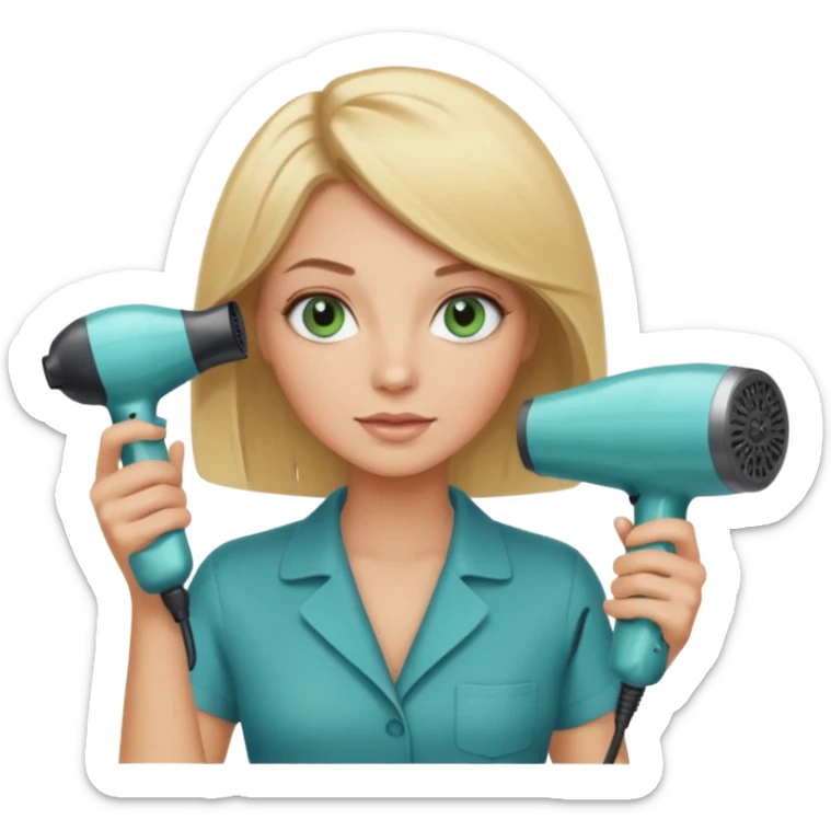 Blonde bob girl hair stylist with blue green eyes holding a hair dryer sticker