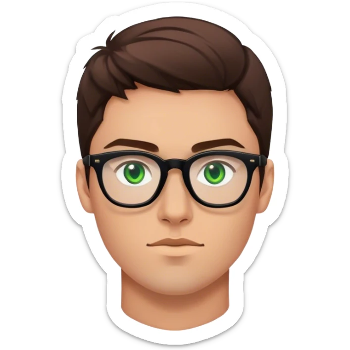A 27 years old young Nordic man with green eyes, black glasses and brown hair sticker