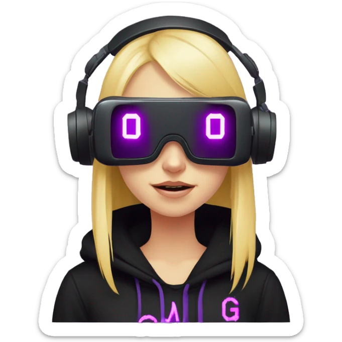 Russian cute blond student girl wearing black hoody with violet letters "OMG", in vr headset. No eyes. Cyberpunk style. Violet neon. sticker