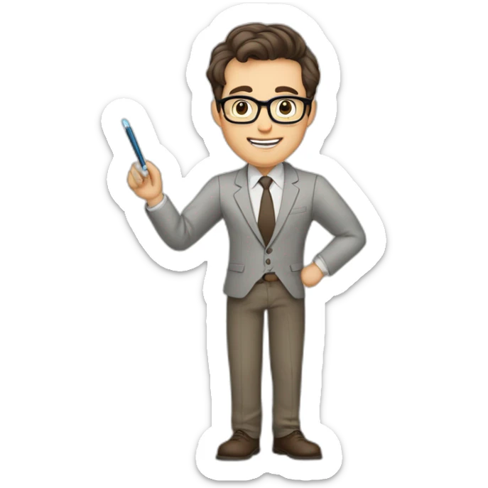 Pale skinned fit man with dark brown hair in gray jacket, beige office shirt, brown tie, brown pants and vintage glasses Writing text on a marker board sticker