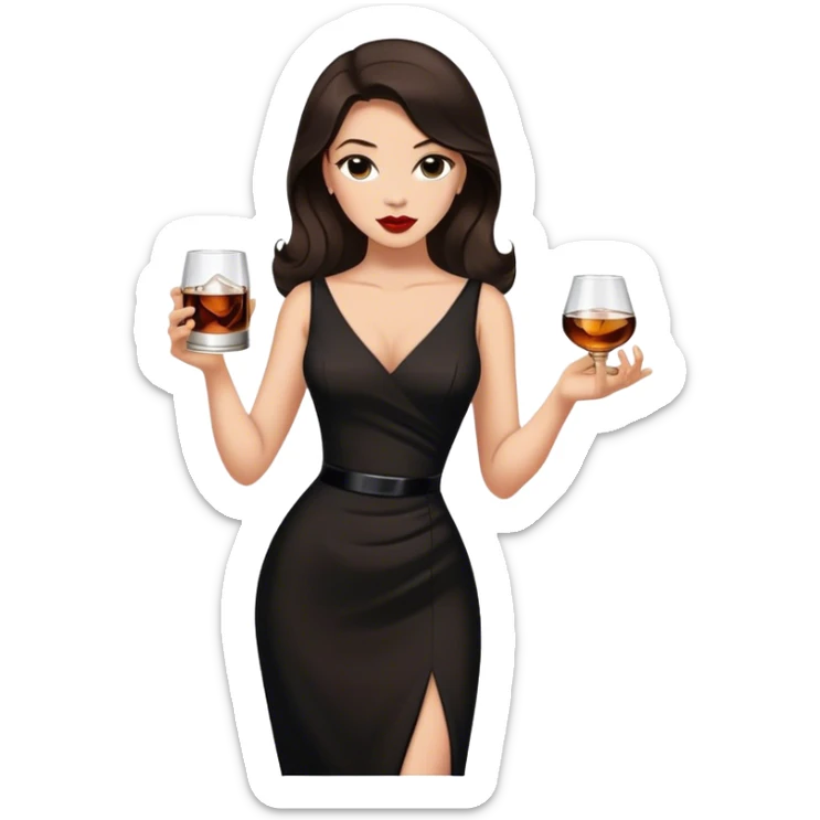 Beautiful woman in 1950’s woman fashion look, black dress, long dark brown hair, whisky with ice sticker