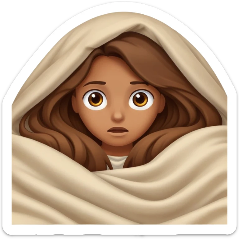 a tanned girl with brown long hair laying in bed hid under the blanket  in fear sticker