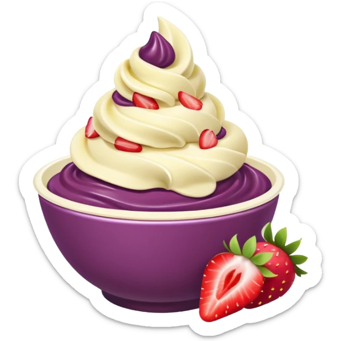 acai purple soft serve in a bowl strawberries and chopped banana sticker